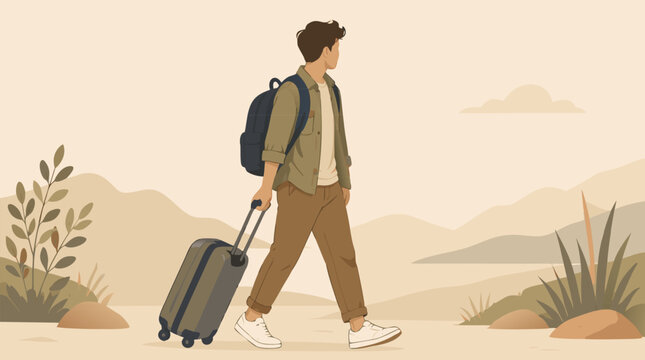 Faceless traveler walking with rolling suitcase and backpack through serene beige hills, flat vector travel illustration for vacation departure, solo adventure, tourism, wanderlust and journey