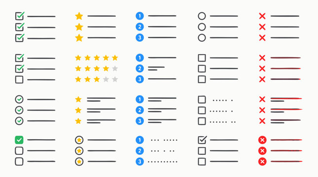 Checklist UI icon set with ticked boxes, star ratings, numbered dots, radio buttons and red crossed lines, clean flat vector task list elements for surveys and apps and project planning templates