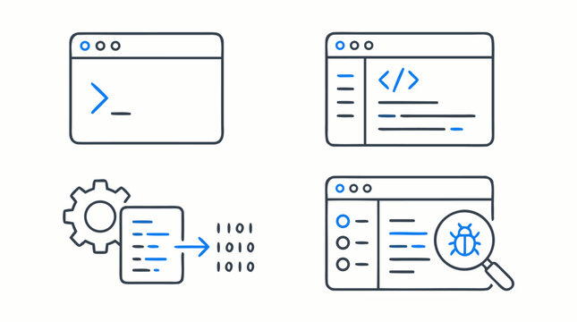 Minimalist developer tools line icon set with terminal window, code editor, compiler gear, binary output and debugger magnifier in clean editable stroke vector style for software teams