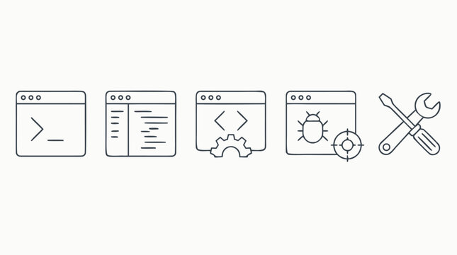 Developer tools line icon set with terminal window, code editor, compiler gear, debugging bug target and wrench screwdriver symbols for software engineering apps and programming vector UI