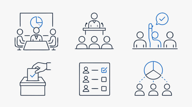 Shareholder meeting minimalist line icon set with boardroom discussion, podium speaker, voting hand, ballot box, checklist and equity split chart for corporate governance vectors and meetings