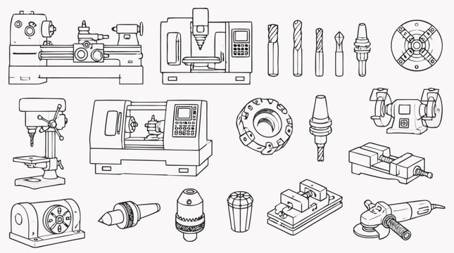 Editable stroke precision machining icon set with CNC mill, lathe, drill press, cutters, chuck, vise, collet and grinder tools in detailed outline vector illustration for manufacturing workshops