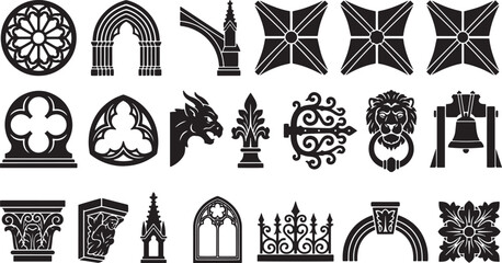 Gothic Cathedral Architecture Features and Medieval Building Ornament Elements Icon Set © Mahmuda