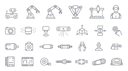 Fototapeta premium Robotics minimalist line icon set with robotic arms, mobile robot, sensors, actuators, gripper, servo motor, CNC gantry, motion control, automation parts and smart factory symbol collection