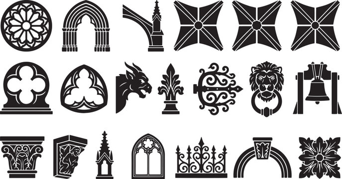 Gothic Cathedral Architecture Features and Medieval Building Ornament Elements Icon Set