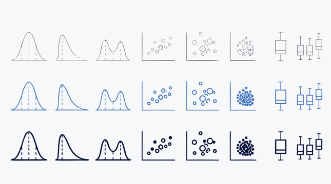 Statistical distribution outline icon set with bell curves, scatter clusters, correlation plots and box plots in editable stroke blue monochrome vector data visualization collection