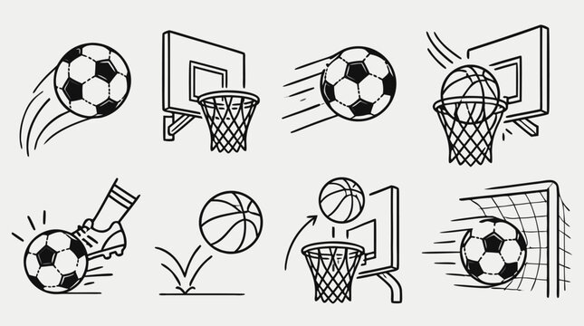 Team sports outline icon set with dynamic soccer balls, basketball hoops, goal net, cleat kick and bouncing ball, clean black line vector collection for athletics, games and recreation design
