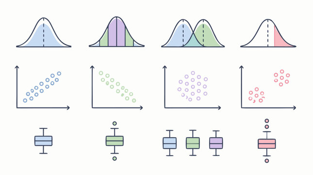 Colorful statistical distribution icon set with bell curves, scatterplots, clustered data and box plots, editable stroke pastel vector diagrams for analytics education and research