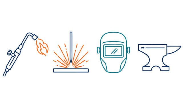 Welding and metalwork vector icon set with gas torch flame, bright sparks, protective helmet mask and anvil, clean editable stroke symbols for fabrication, repair and industrial craft