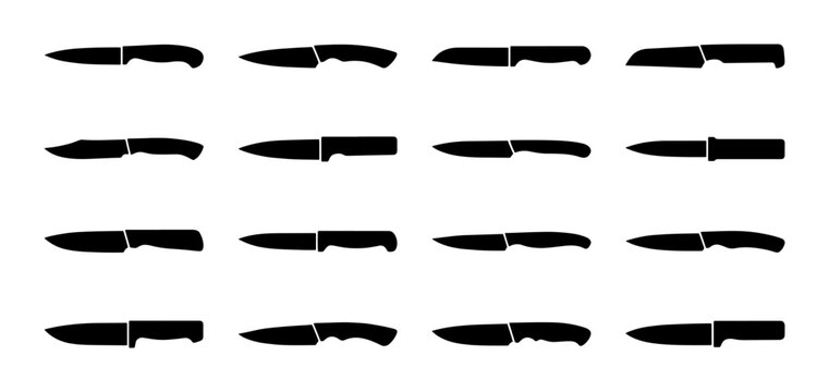 Collection of 16 Knife Silhouettes, Kitchen Utensils, Culinary Tools, Chef Knives, Utility Blades, Vector Icons for Food Preparation and Cooking Graphics