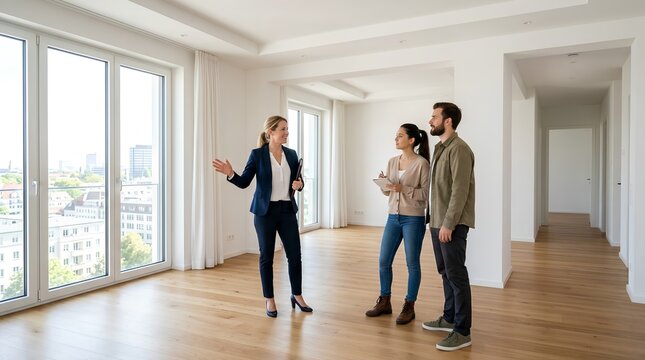 A real estate agent shows a bright empty city apartment with large windows to a young couple, useful for property sales, rentals, and relocation marketing.