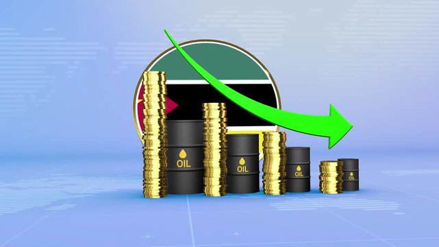 Mozambique Oil Prices Decline with Oil Barrels, Gold Coins and Downward Green Arrow, 3D Economic and Financial Market Concept
