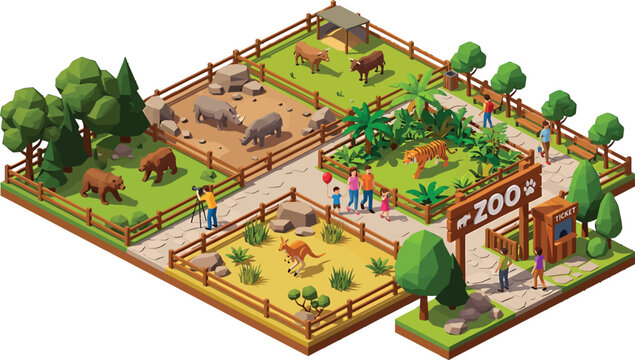 Isometric zoo park map with wild animals enclosures visitors and ticket booth in low poly style