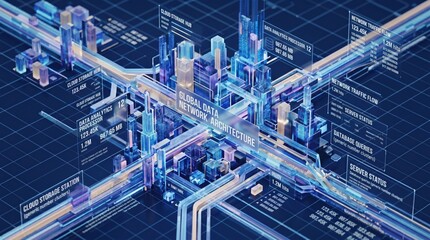Fototapeta premium Futuristic Global Data Network Architecture, Cloud Storage Hub, Analytics Processor, Server Status, Digital Cityscape, Big Data Infrastructure, Cyber Security Concept, Tech Back...