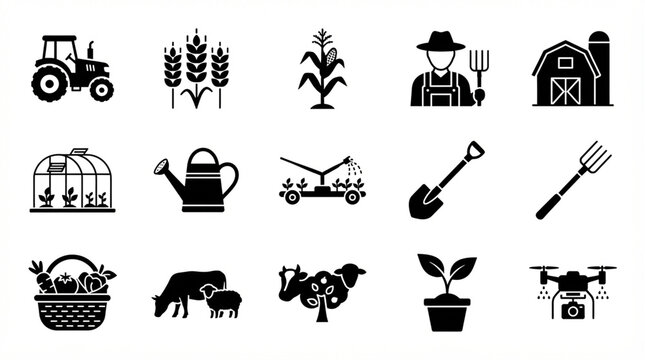This collection of minimalist, solid-black agriculture and farming vector icons features a clean, professional style, making it an excellent choice for your stock content platform submissions.