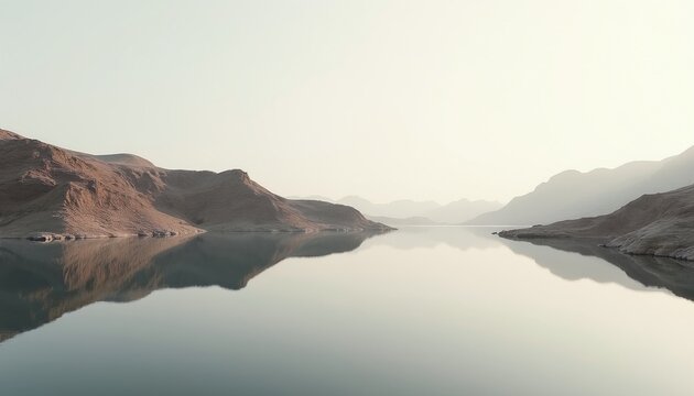Calm water mirrors barren hills under soft sky. Misty mountains fade into distance. Serene natural scene, quiet atmosphere, peaceful water surface. Minimalist landscape, dry terrain, remote location.