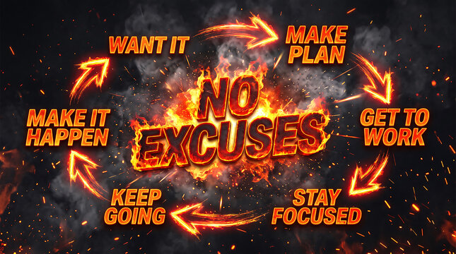 Inspirational motivational quote poster with no excuses and eight steps to success in a smoky fire background