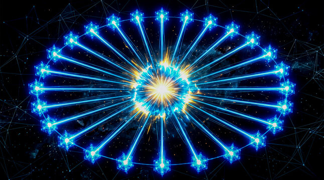 Blue validator nodes vote beams converging center consensus flash dark, blockchain consensus concept