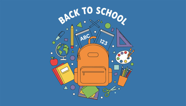 Back to school promotional poster with various school supplies arranged around an orange backpack on a blue background.