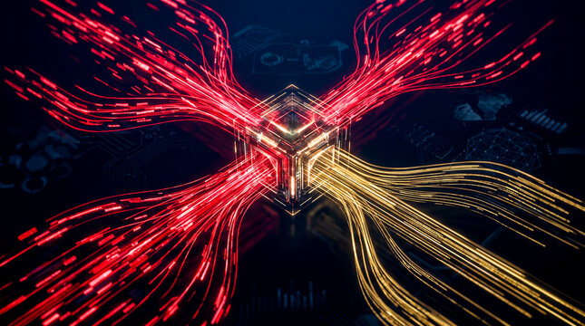 Red threat feeds converging SOC hub emitting gold structured intelligence dark, threat intelligence SOC