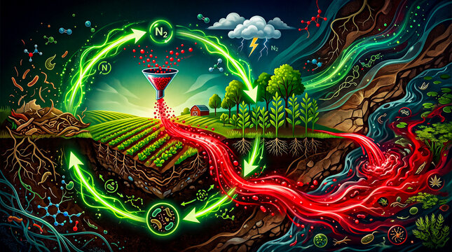 Green nitrogen cycle loop red disruption excess runoff eutrophication, nitrogen cycle soil science