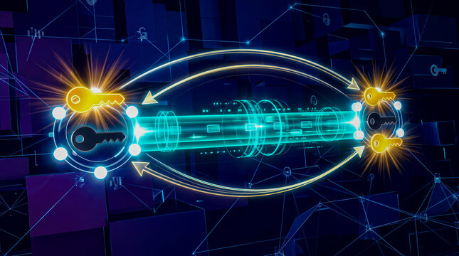 Two nodes gold public keys exchanged teal secure tunnel private keys contained dark, PKI cryptography