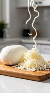 Fresh mozzarella cheese and shredded cheese on wooden board.