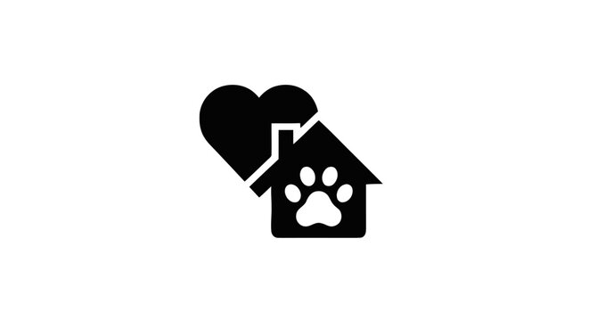 Editorial graphic symbol of a pet house with a heart and paw print, representing animal rescue and adoption services