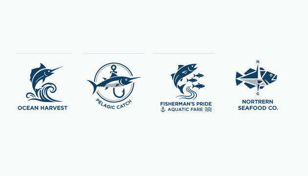 Set of four corporate logos for seafood companies features anchors, fish, ocean waves, and compass designs.