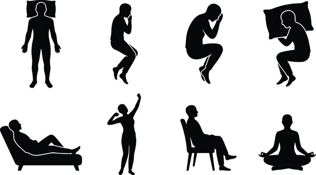 Human Resting and Sleeping Silhouette Set with Meditation Relaxation Reclining Sitting Stretching and Fetal Sleeping Pose Vector Collection