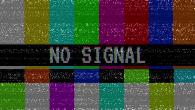 4k video Glitch during TV broadcasting with colorful stripes and NO SIGNAL text. Error in connection while show on air, 4k video