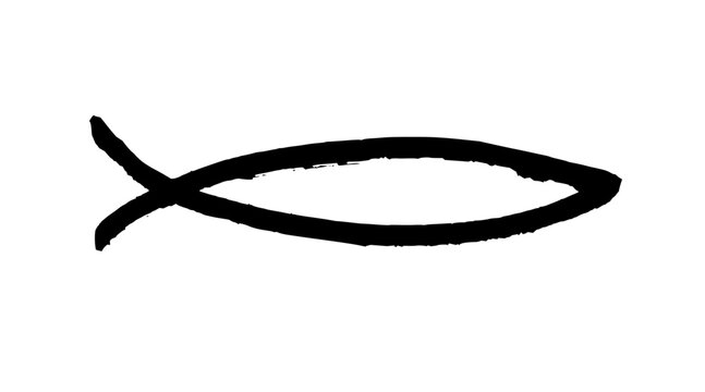 Christian fish hand drawn symbol drawing. Black doodle style hand drawn object. Simple isolated outline.