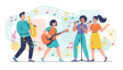 Fototapeta premium Talented music band performs live on stage with a saxophone, guitar, and vocalists surrounded by colorful notes.