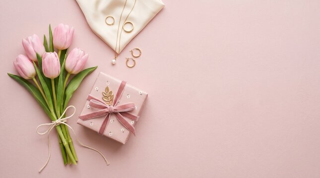 母の日や誕生日のギフトをイメージしたピンクのチューリップとアクセサリー