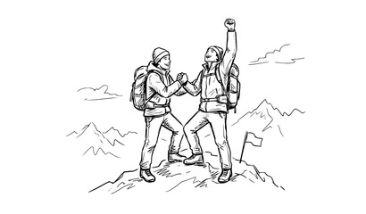 Fototapeta premium climbing, climber, mountain, teamwork, partnership, success, achievement, adventure, hiking, summit, support, leadership, cooperation, trust, motivation, outdoor, sketch, handdrawn, vector, illustrati