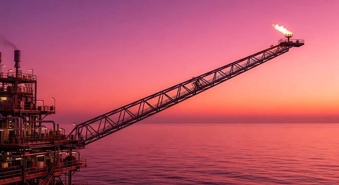 Offshore oil rig flare boom burning during a vibrant sunset
