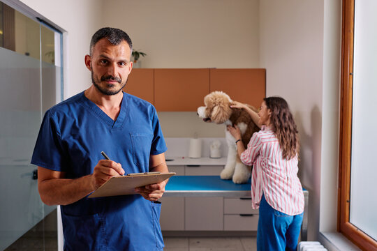 Veterinarian checking patient records during dog examination