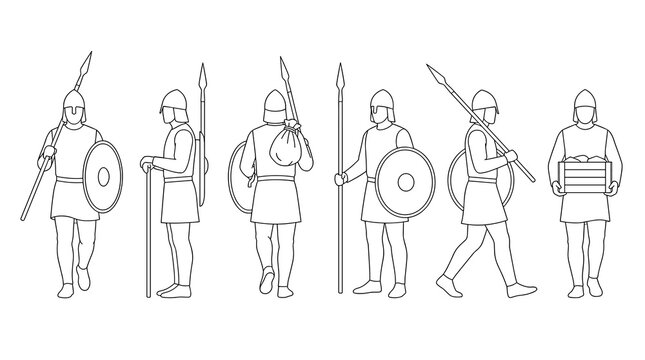 Set of medieval soldiers with spears and round shields in simple line art style, history research, ancient infantry, warfare symbols