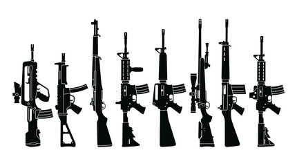 Obraz premium Set of various assault rifles and military firearms in black silhouette style, tactical gear and weaponry collection for defense, war, combat