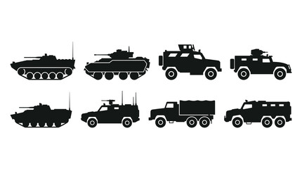 Fototapeta premium Set of black silhouette military vehicles, armored tanks and transport trucks for war games, tactical defense, historical strategy, army equipment