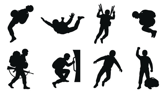 Set of black silhouettes of soldiers in various action poses like parachuting, walking with gear, and tactical climbing, military warfare operations