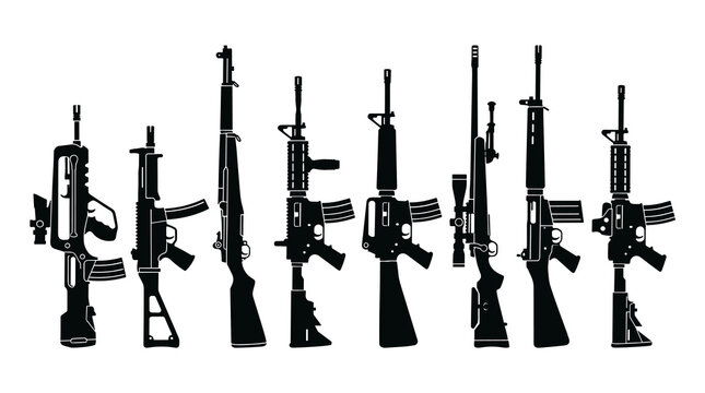 Set of various assault rifles and military firearms in black silhouette style, tactical gear and weaponry collection for defense, war, combat