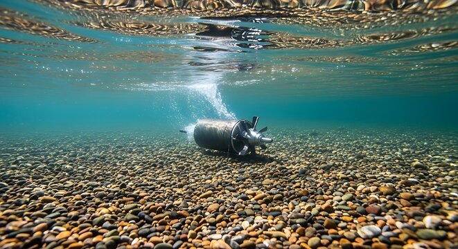 Metal underwater propeller turbine sitting on a shallow river pebble bed