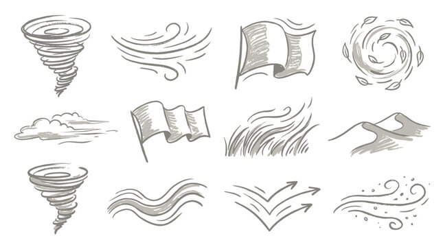 Set of hand drawn weather icons featuring tornado, wind currents, flowing flag, and swirling hurricane, perfect for climate diagrams and maps