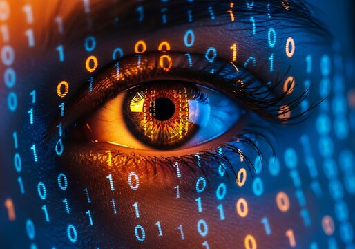 Close up of human eye with binary code overlay representing technology and data