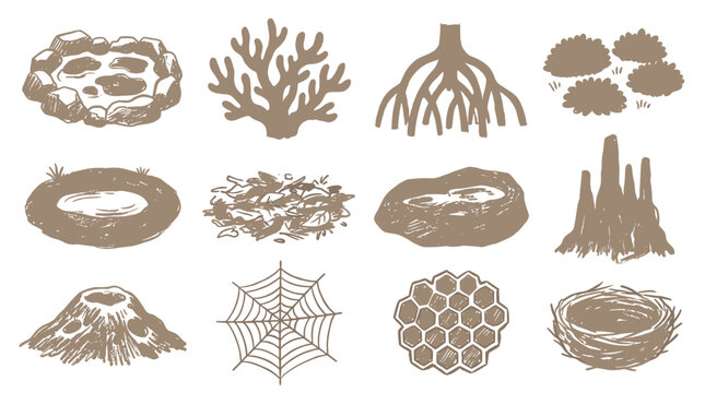 Set of hand drawn nature elements featuring organic textures including coral, roots, nest, cobweb, and rock formations, perfect for rustic design