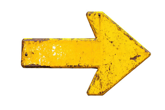 Rusty Yellow Right Direction Arrow Sign Against Black Background, Isolated on Transparent Background