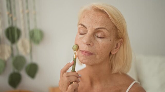 Woman using a jade facial roller on nose and forehead while sitting on a bed in a bedroom; self care serenity.