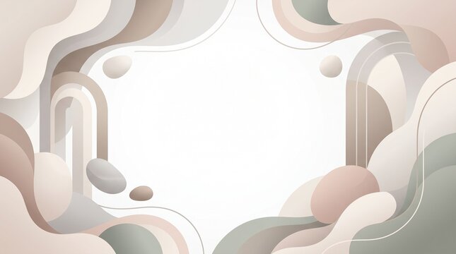 Abstract background featuring fluid organic shapes, soft archways, and pebble-like forms in muted earthy tones of beige, sand, and pale green.