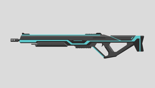 Futuristic sci-fi neon blue and black sniper rifle or modern laser weapon, side view illustration on grey background.